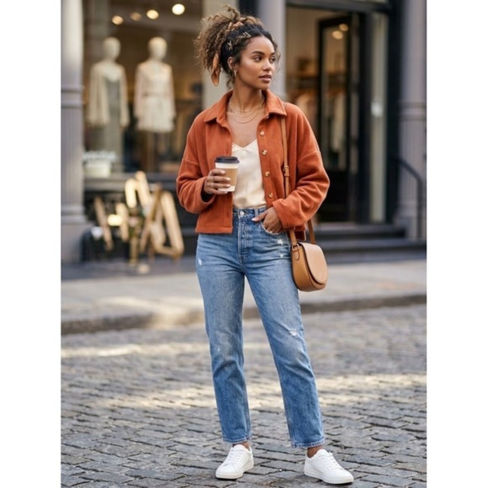 Love Fire Shacket Women L Orange Excellent Fleece Cropped Button Front Jacket